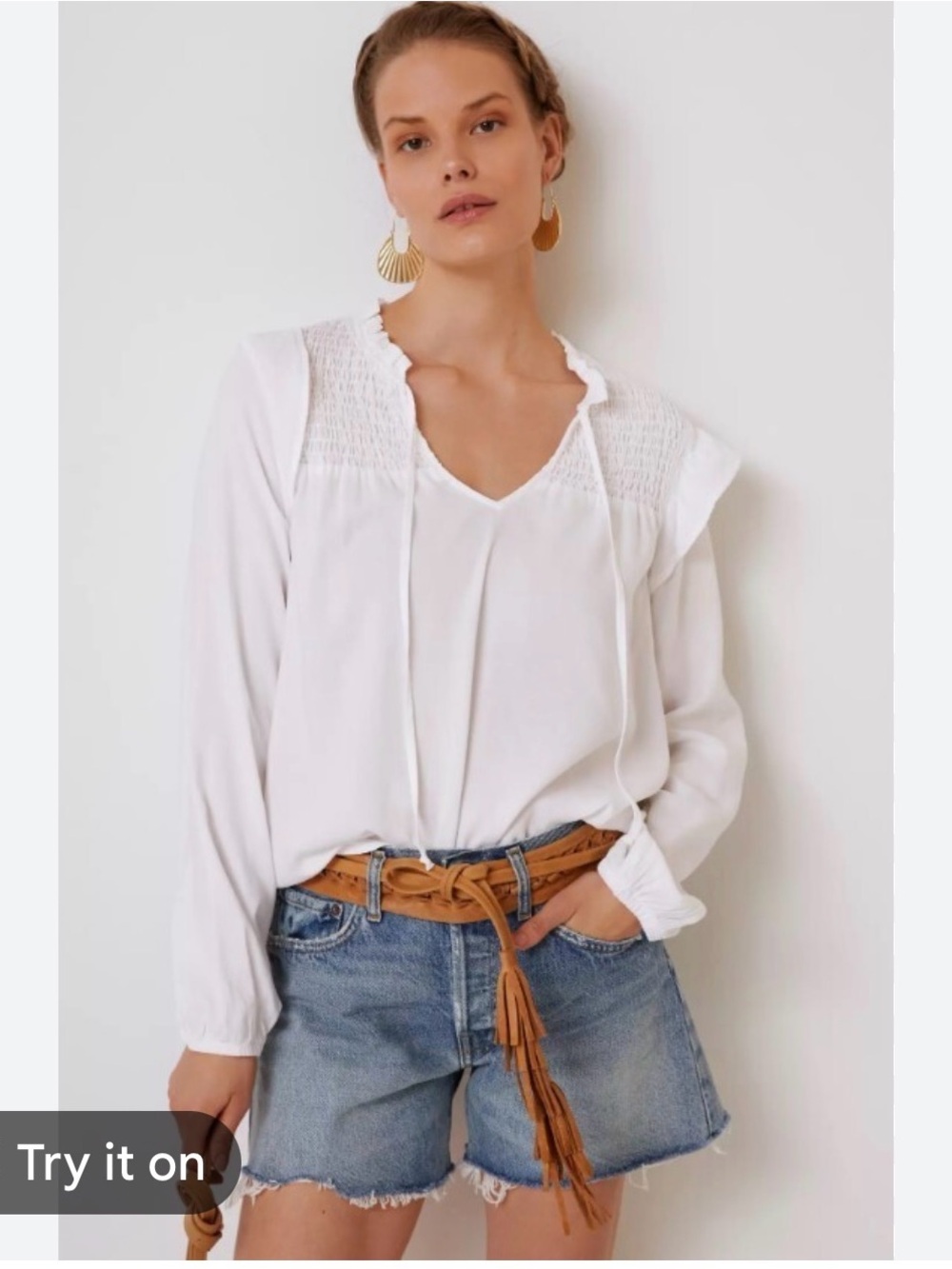 Anthropologie Cloth & Stone White Smocked Pullover Peasant Blouse Sz M